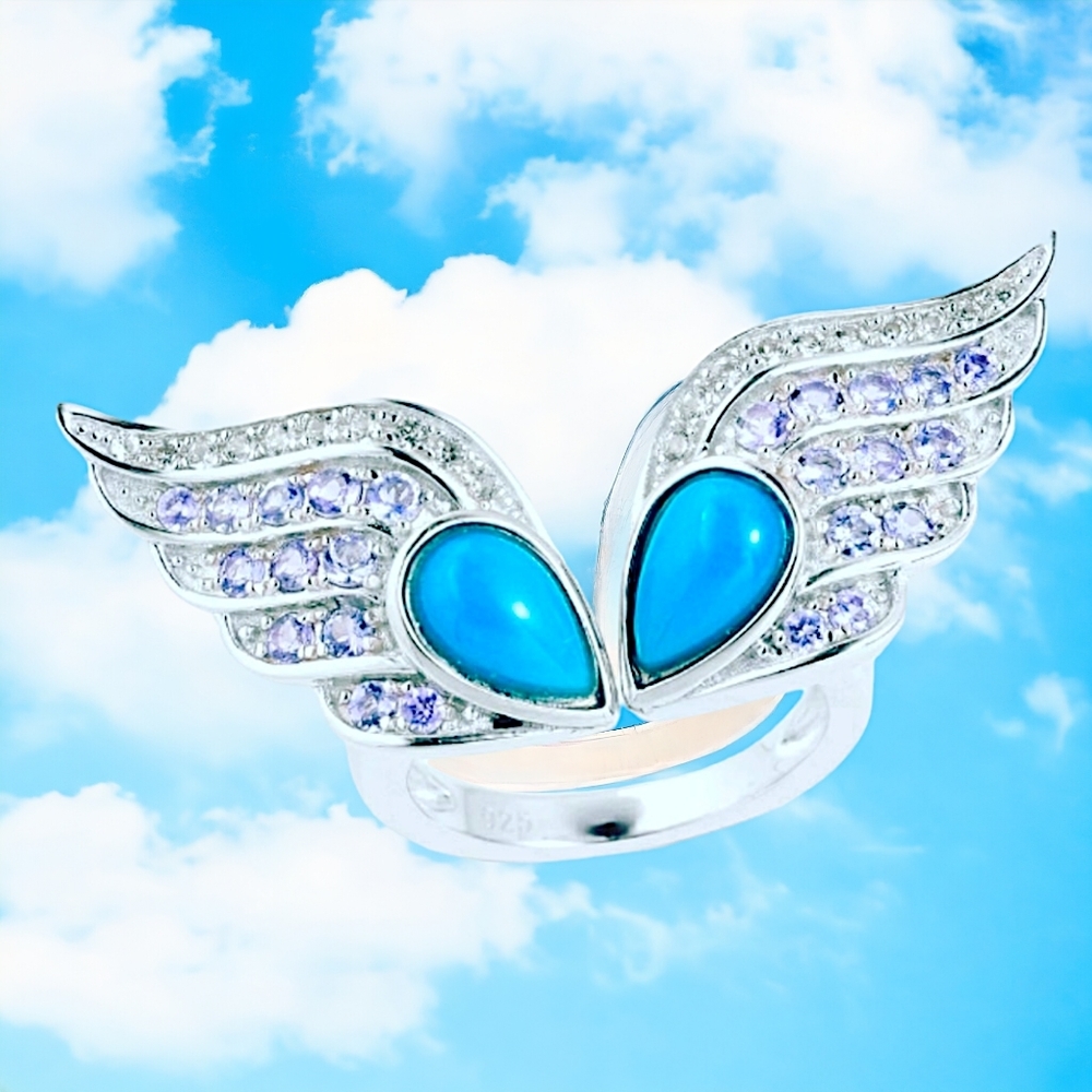 🔥Genuine Sleeping Beauty Turquoise & Tanzanite Sterling Silver Open Wing Ring